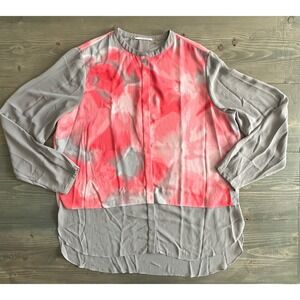 Tahari‎ Pink Gray Abstract Sheer Button Down Sheer Longsleeve Top Womens Size XL